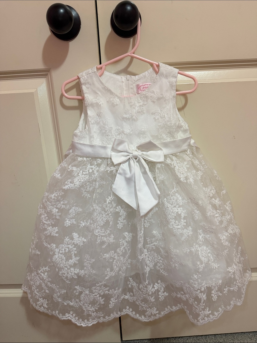 Popatu White Lace Satin Bow Flower Girl Dress